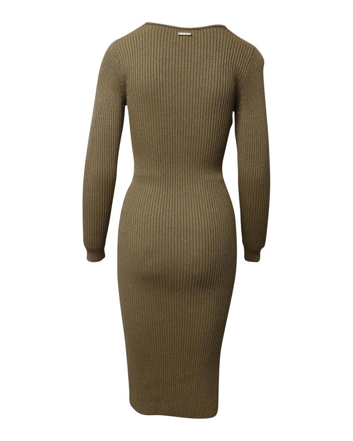 Fitted Ribbed Knit Midi Dress in Metallic Gold Viscose