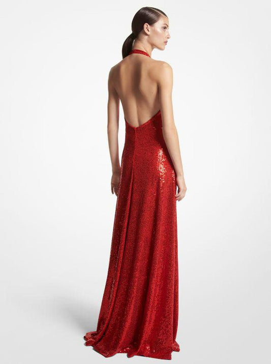Hand-Embroidered Sequin Stretch Jersey Halter Gown