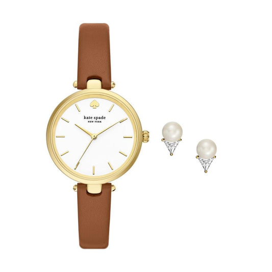 kate spade new york women's holland three-hand, gold-tone alloy watch and earrings set