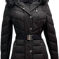 Belted Faux-Fur-Trim Hooded Puffer Coat In Black