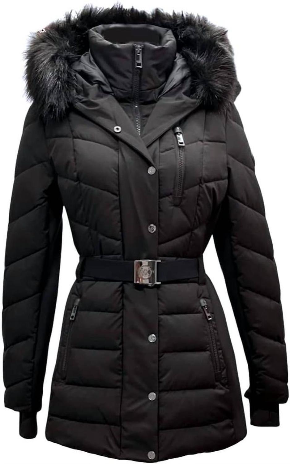 Belted Faux-Fur-Trim Hooded Puffer Coat In Black