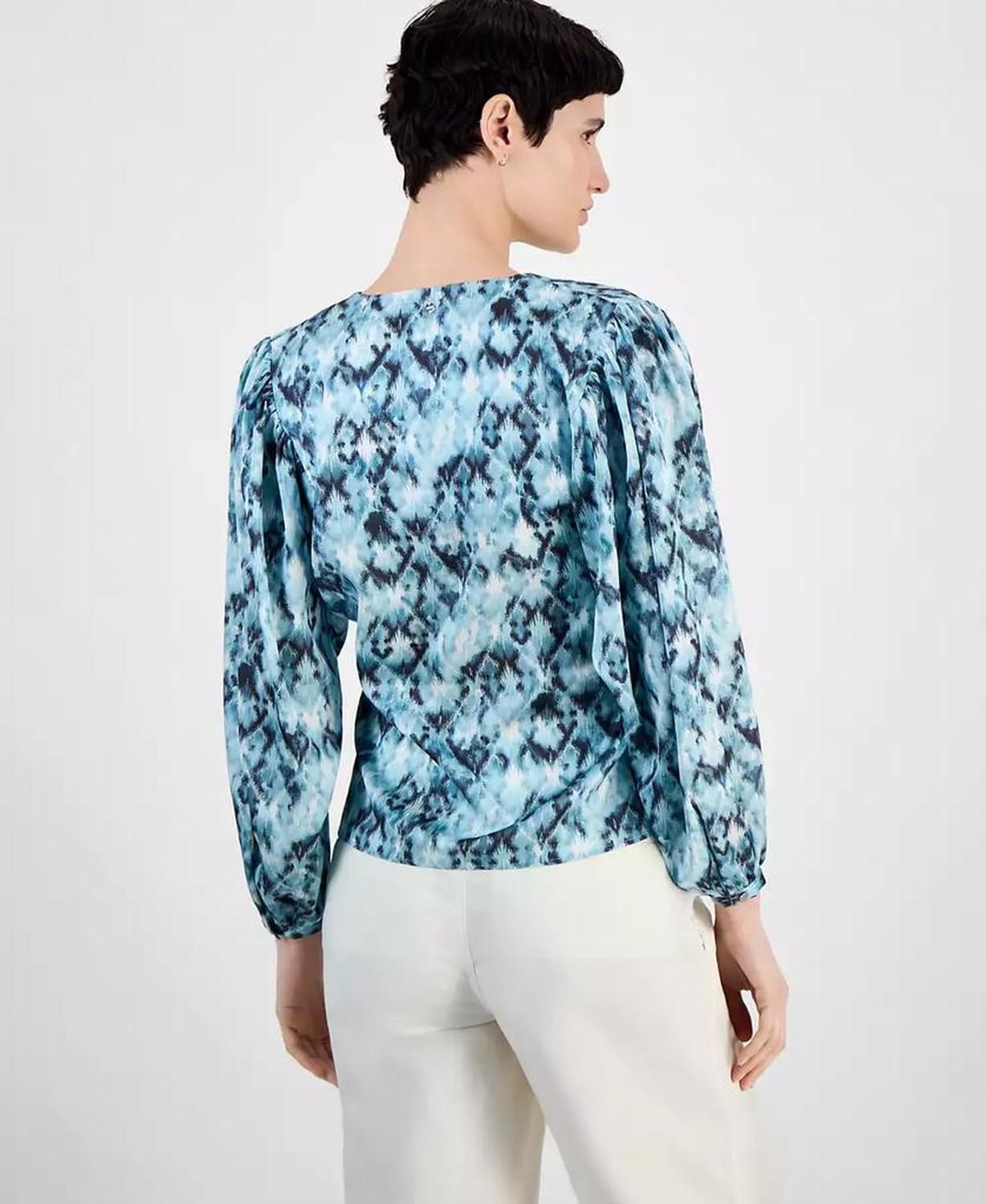 Women's Faux-Wrap Buttoned-Cuff Top