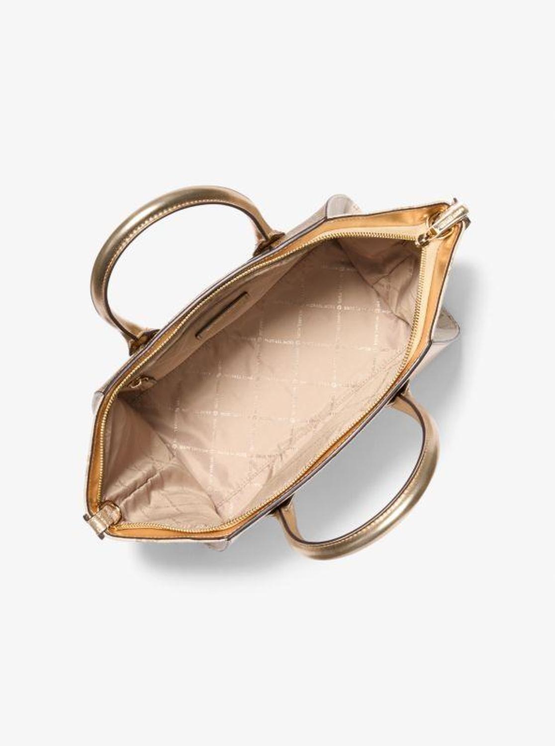 Avril Large Metallic Leather and Logo Jacquard Satchel