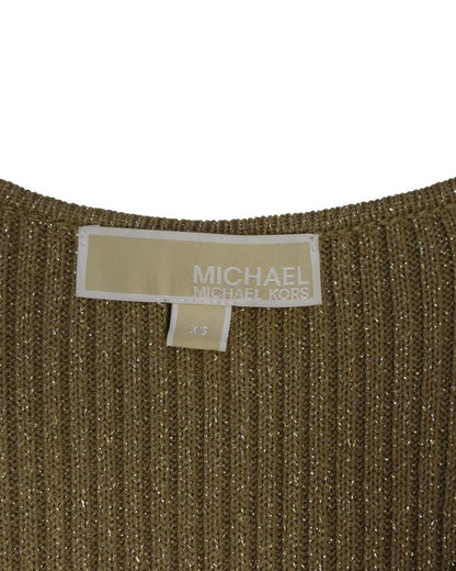 Fitted Ribbed Knit Midi Dress in Metallic Gold Viscose