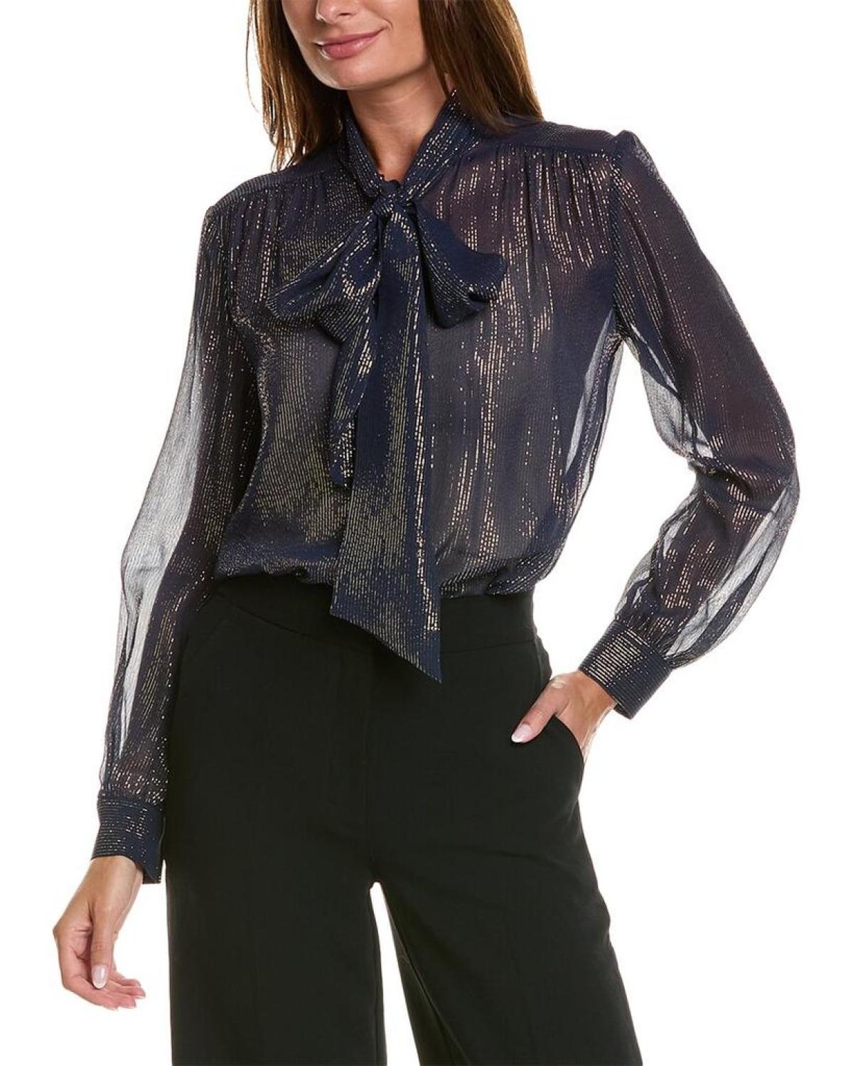 Michael Kors Collection Stripe Chiffon Neck Tie Silk-Blend Shirt