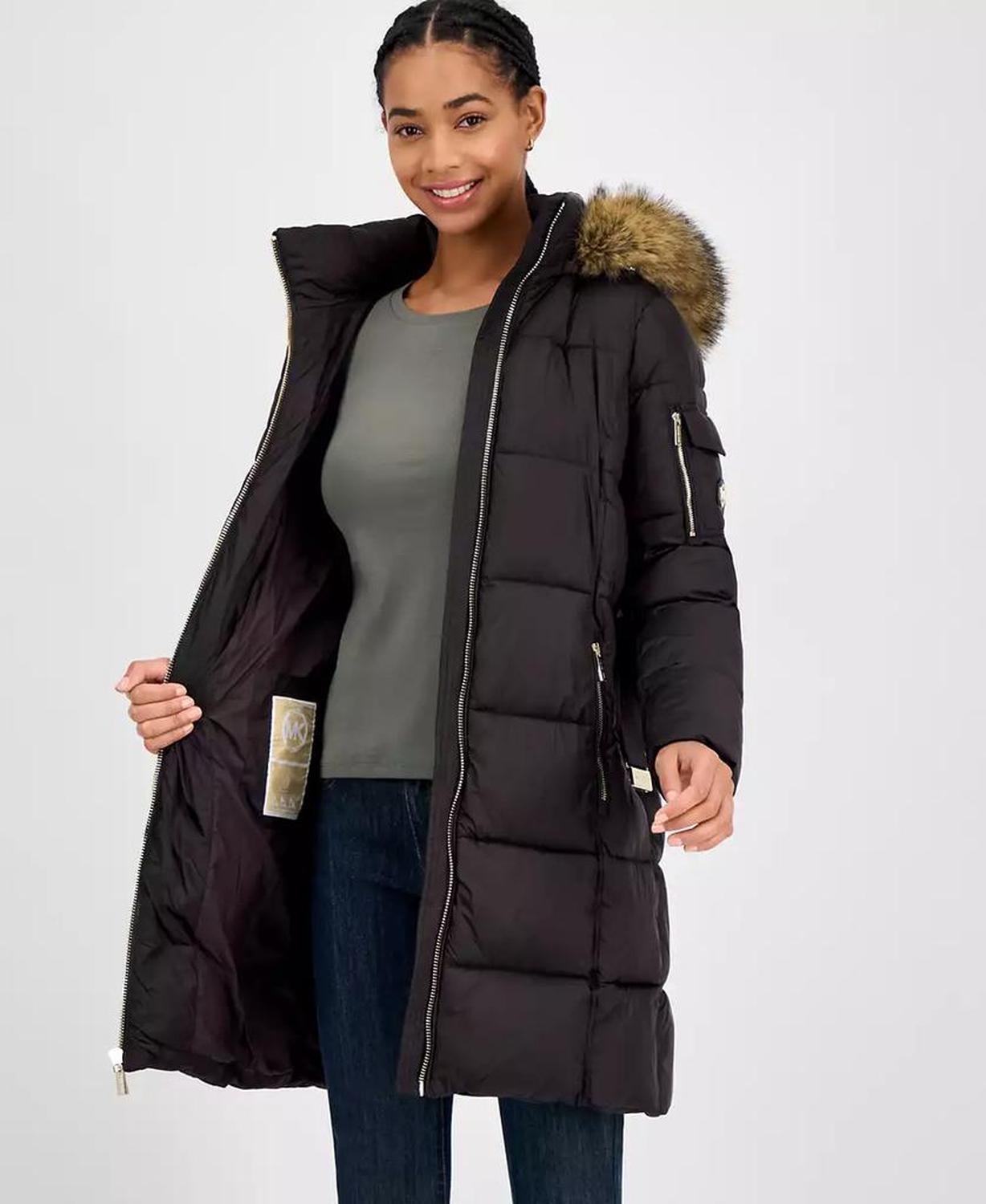 Women's Belted Hooded Faux-Fur-Trim Puffer Coat, Exclusively at Macy's