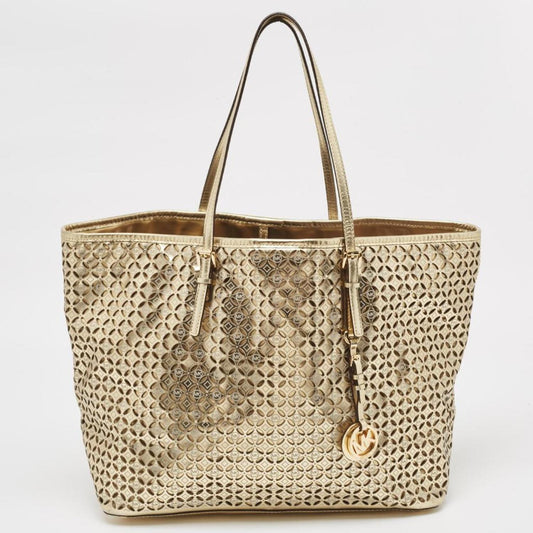Michael Michael Kors Gold Laser Cut Leather Jet Set Travel Tote