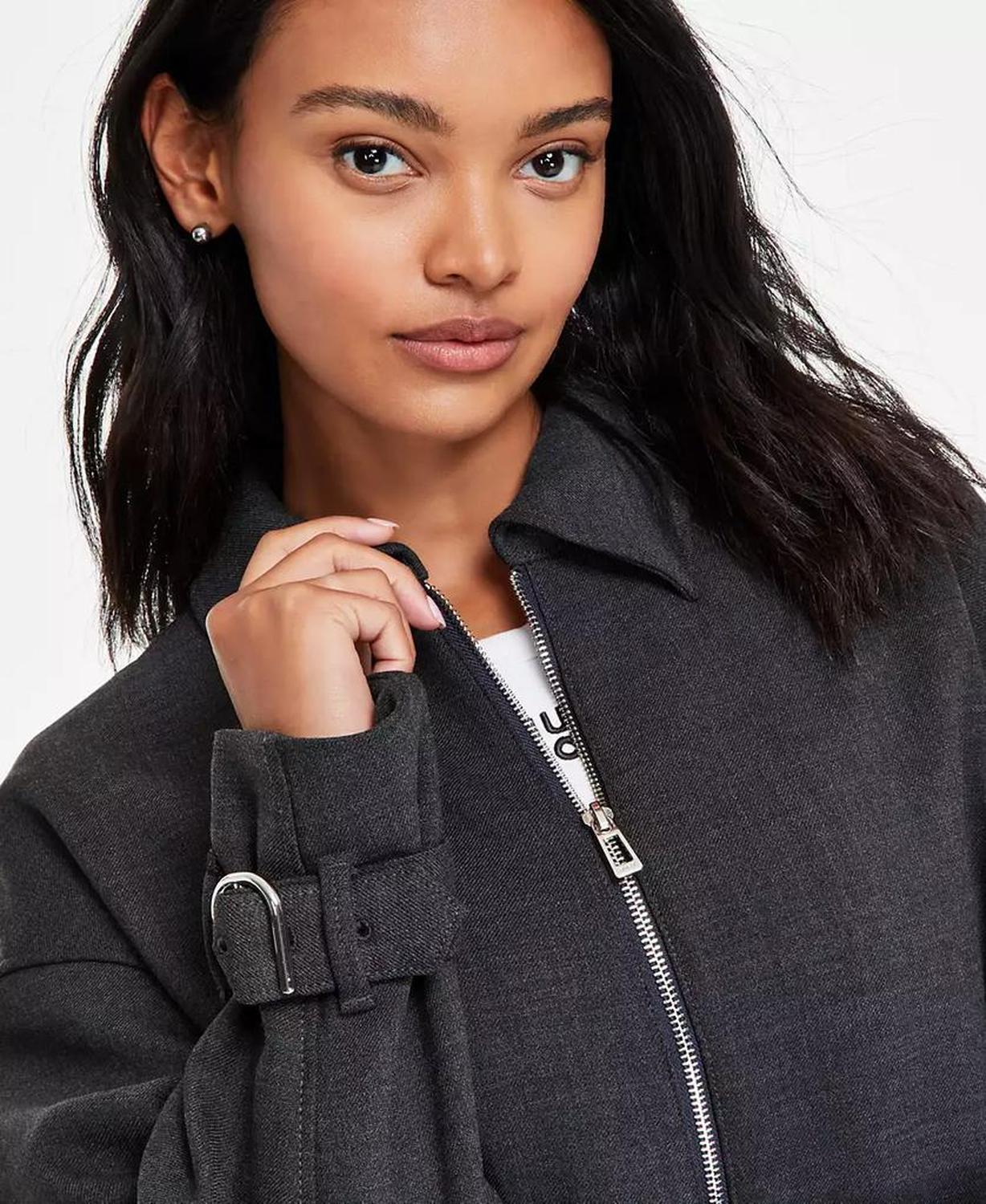Women's Zip-Front Belted-Cuff Cropped Jacket