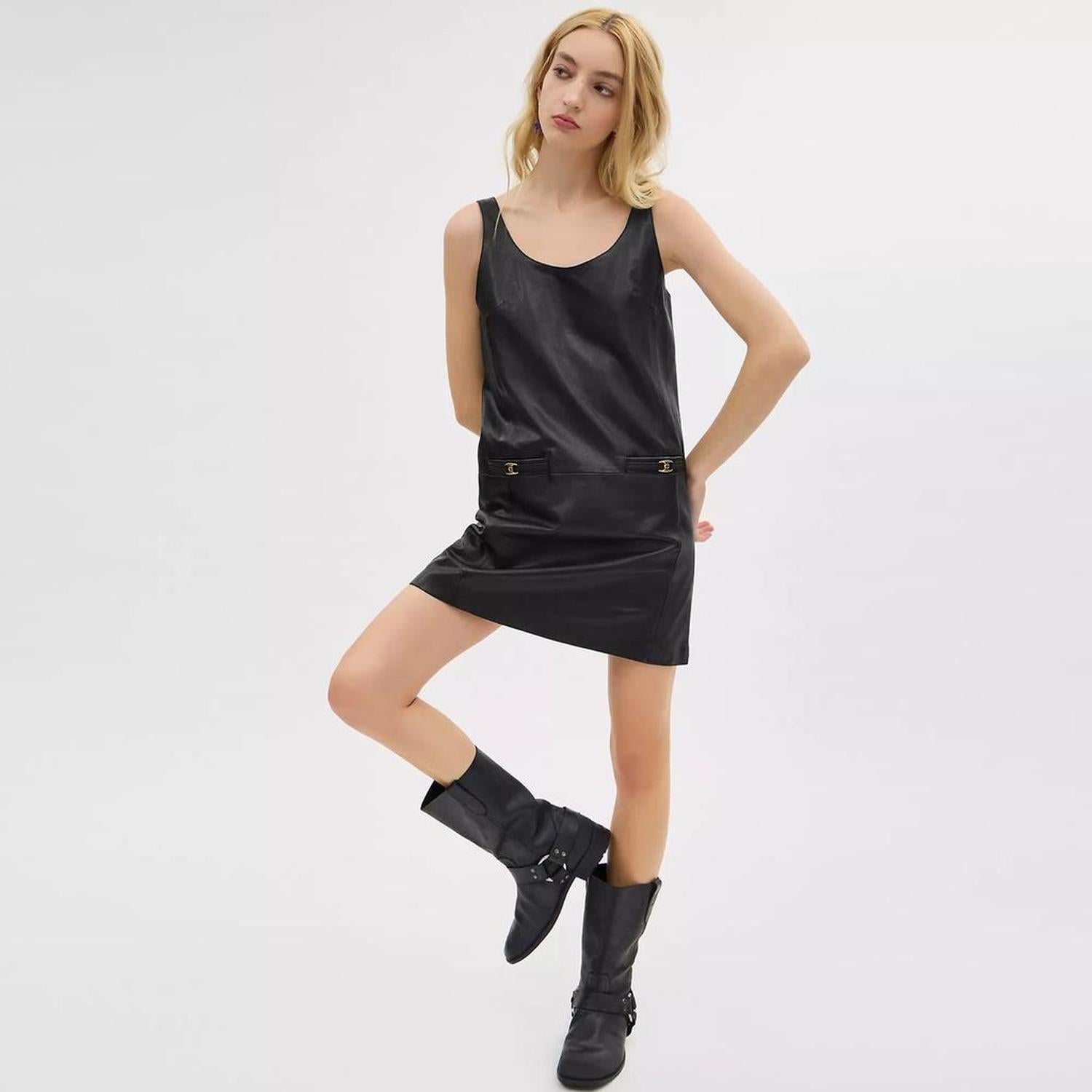 coach leather dress Coach Leather Puff Sleeve Dress In Brown - 50% Off