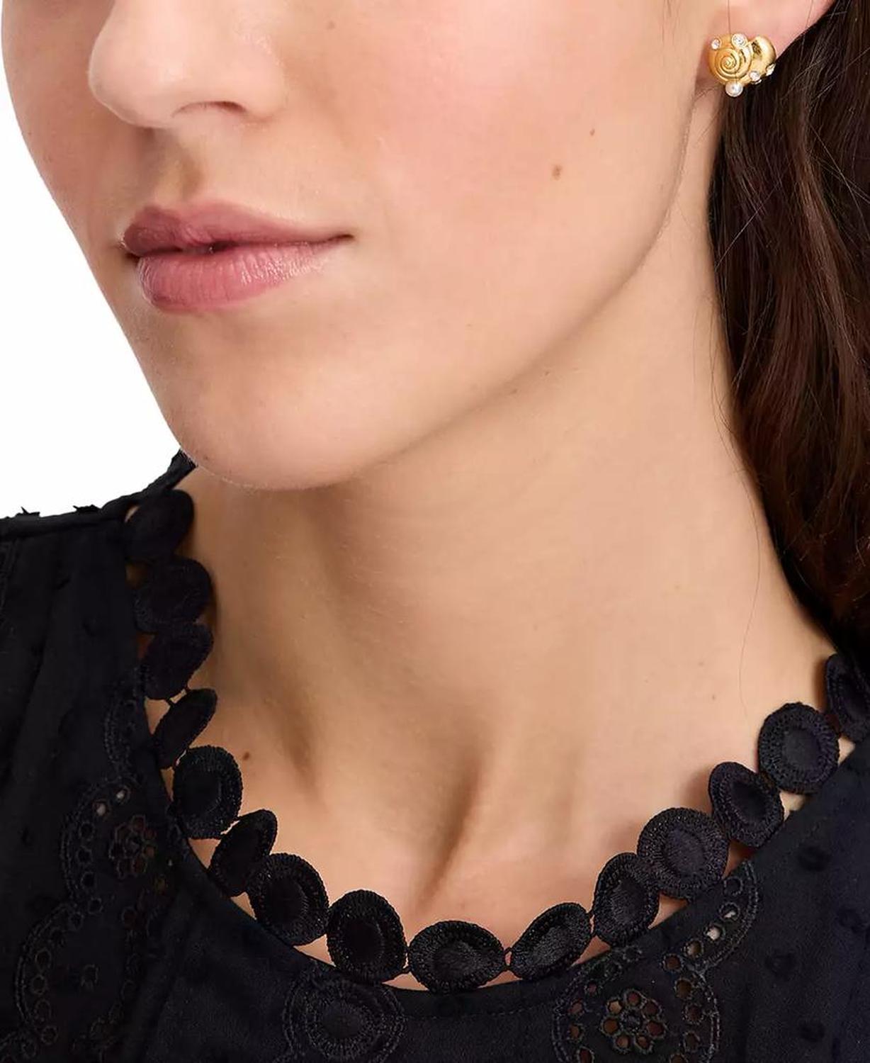 Gold-Tone Pavé & Imitation Pearl Shell Stud Earrings