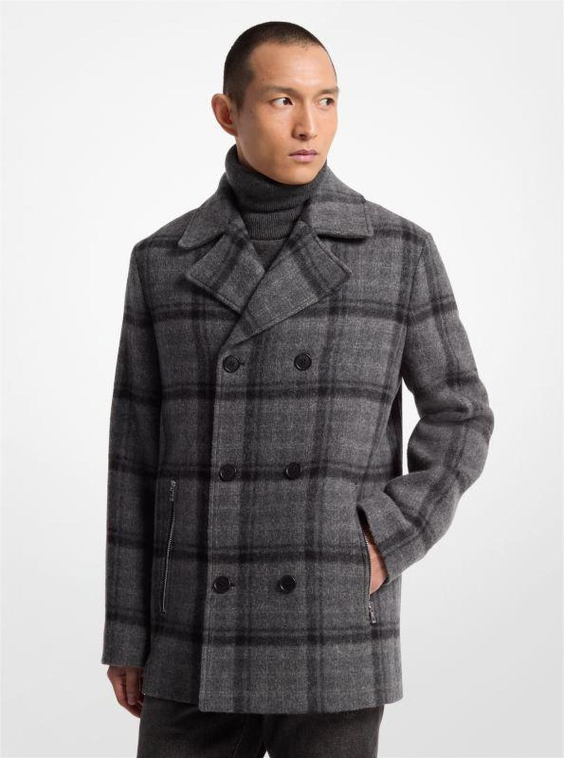 Plaid Textured Wool Blend Peacoat