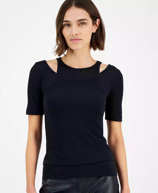 Women's Slim Ribbed Layered-Look Short-Sleeve Top