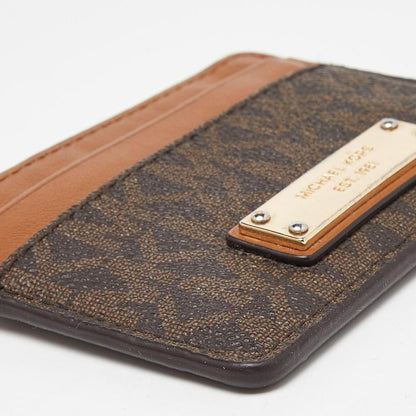 Michael Kors Beige/brown Signature Coated Canvas And Leather Card Case