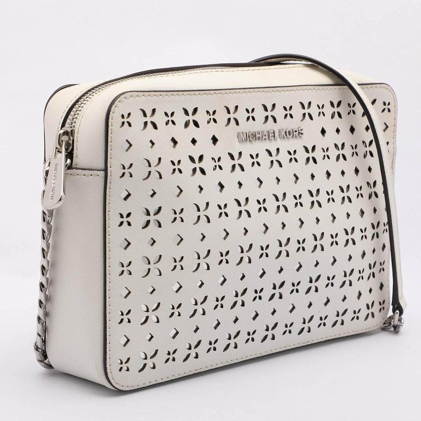Michael Kors White Leather Laser Cut East West Crossbody Bag