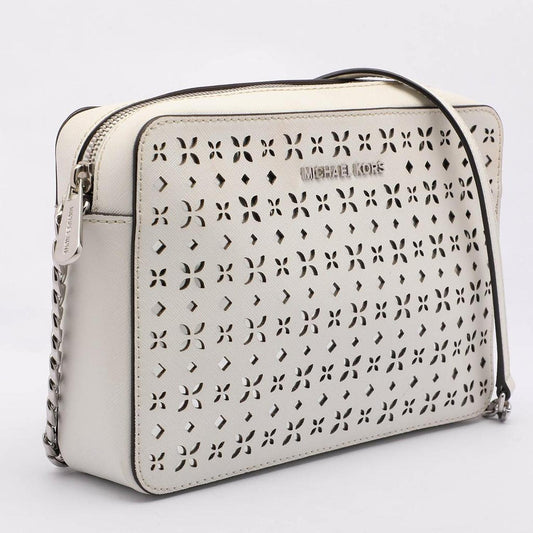 Michael Kors White Leather Laser Cut East West Crossbody Bag