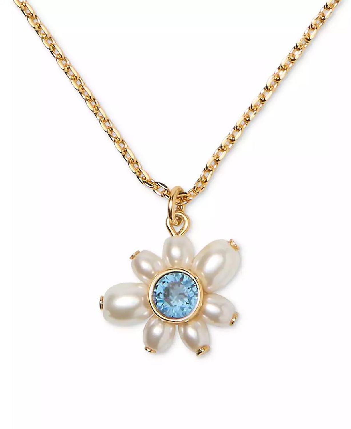 Gold-Tone Cubic Zirconia & Imitation Pearl Flower Pendant Necklace, 16" + 3" extender