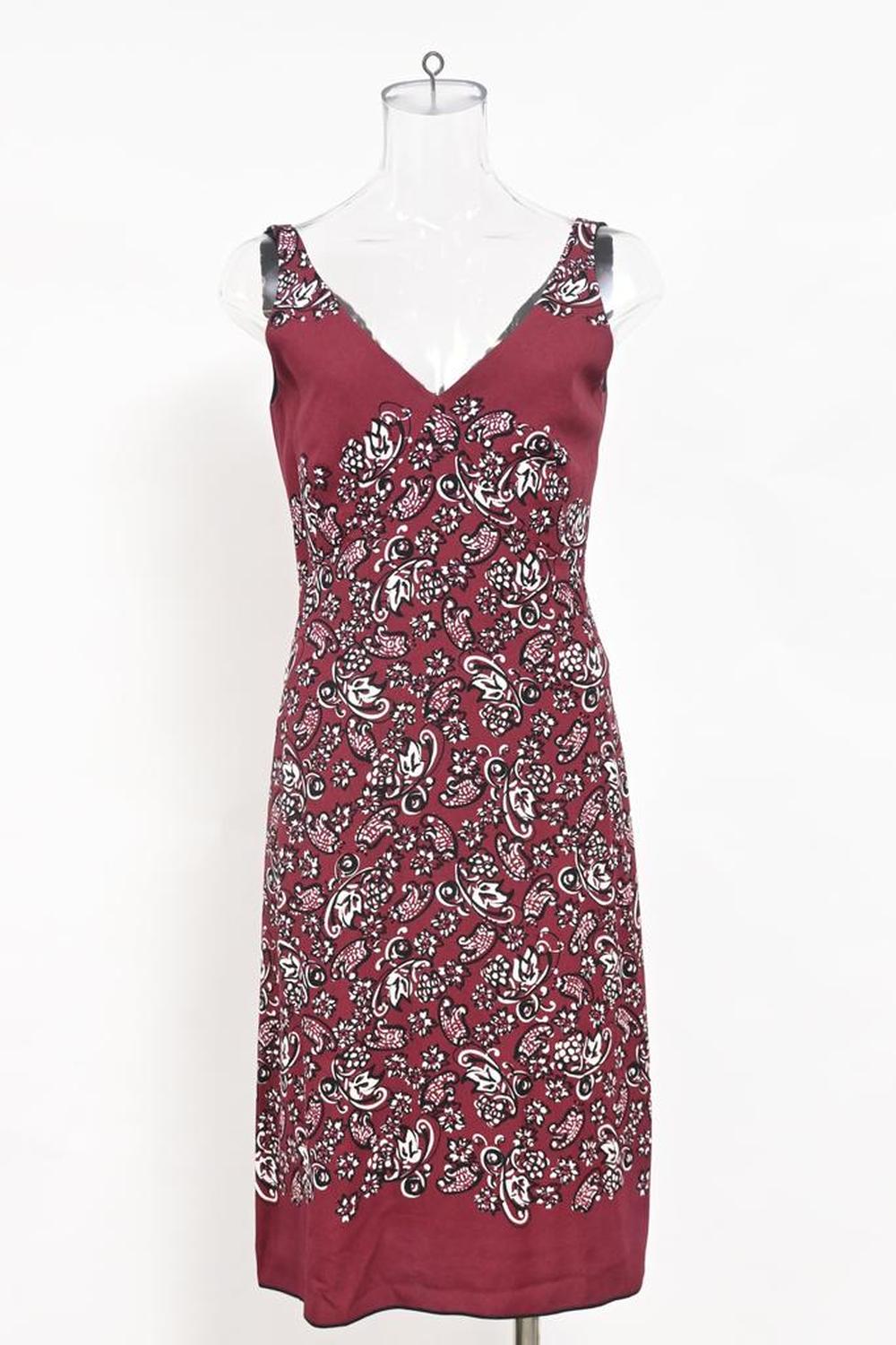 V-neck Printed Midi Dress in Red Rayon