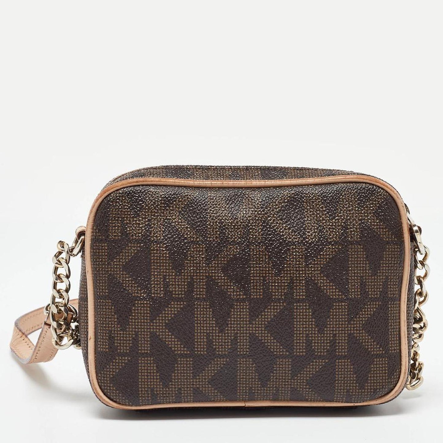 Michael Kors Beige/brown Signature Coated Canvas And Leather Mini Camera Crossbody Bag