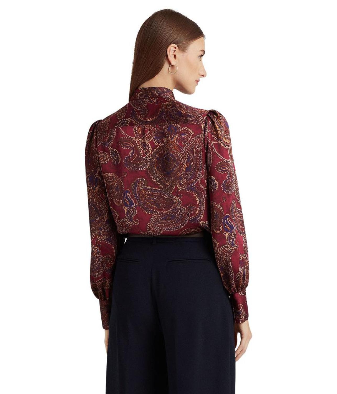 Paisley Satin Charmeuse Tie-Neck Blouse
