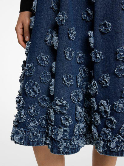 Hand-Embroidered Floral Denim Circle Skirt