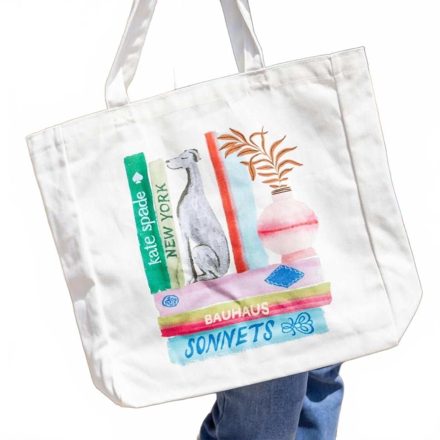 Women's Canvas Bookshelf Book Tote Bag In Beige