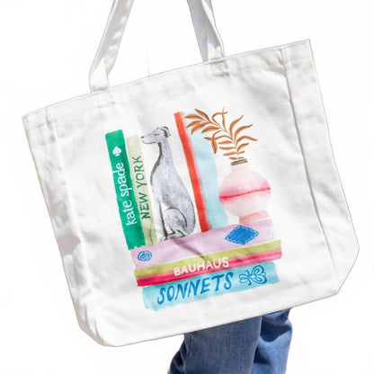 Women's Canvas Bookshelf Book Tote Bag In Beige