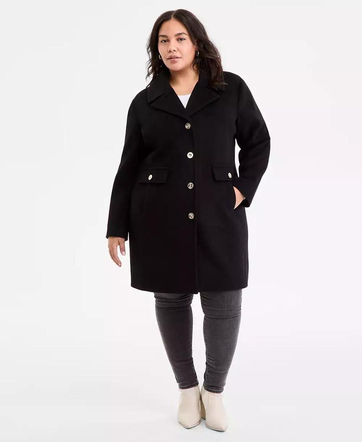 Plus Size Collared Button-Front Coat, Exclusively at Macy's
