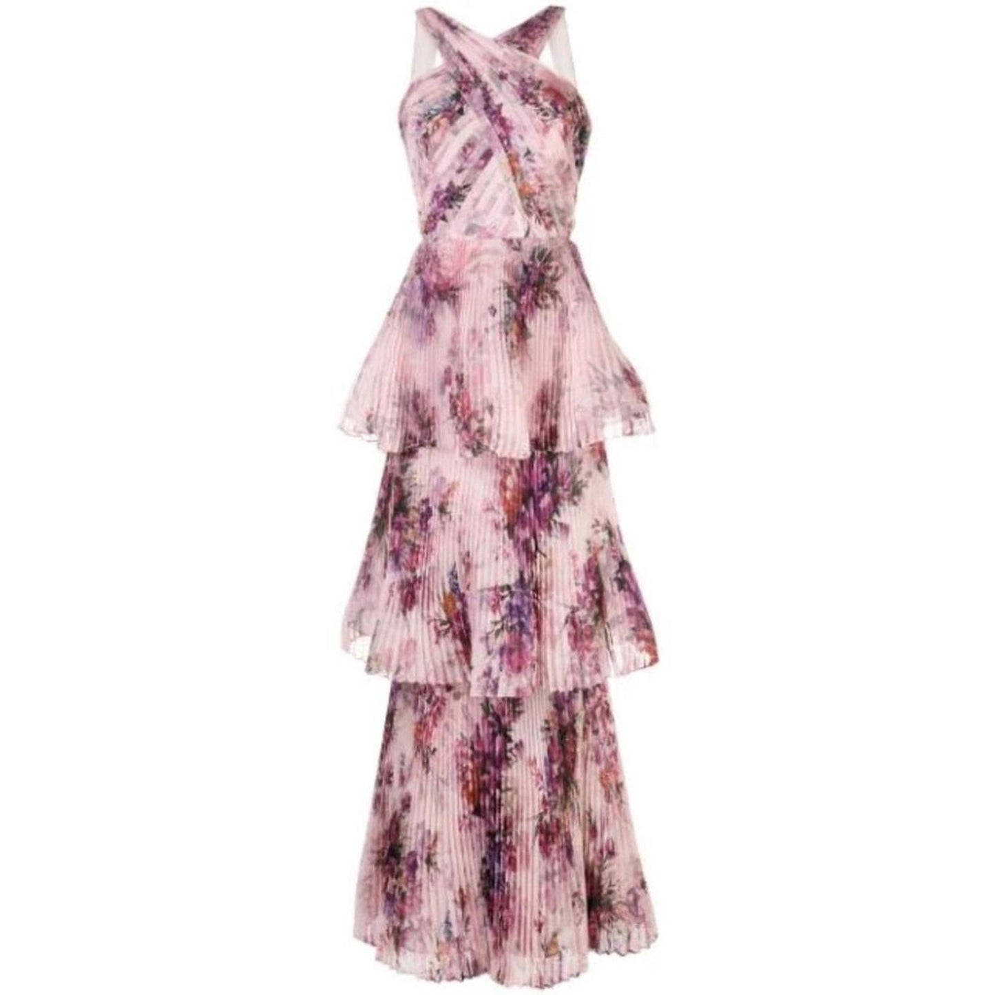 Pleated Chiffon Tiered Halter Gown