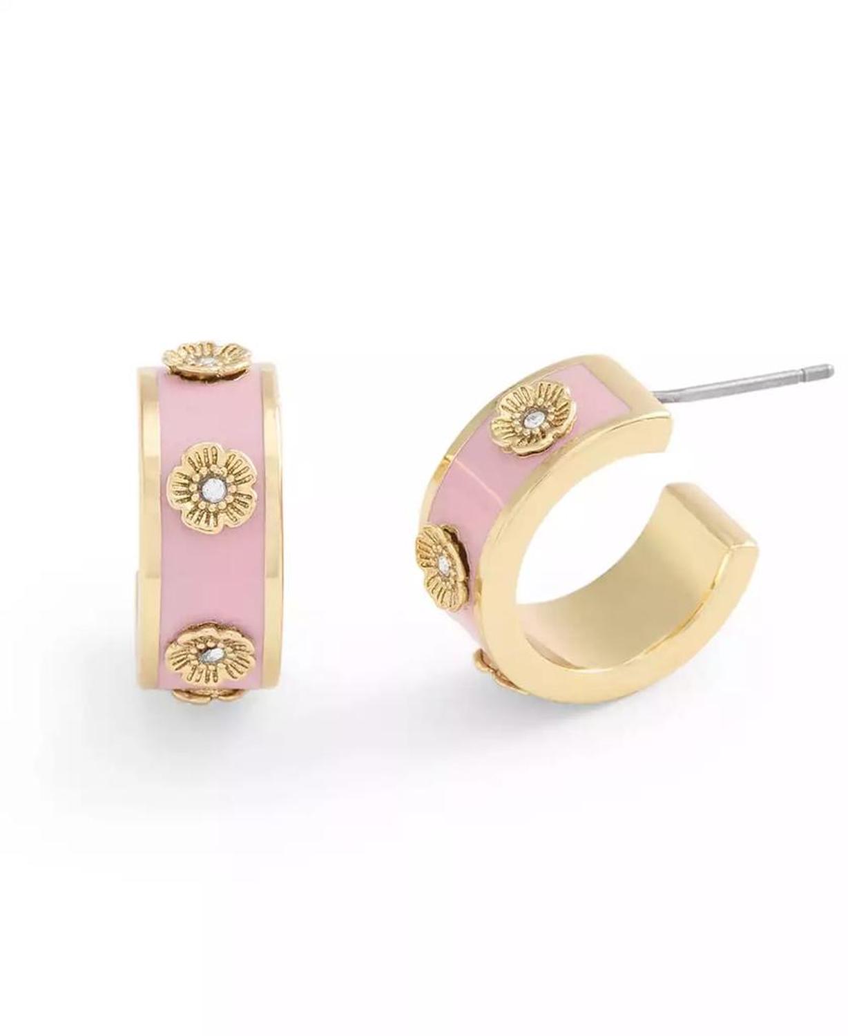 Signature Faux Stone Tea Rose Enamel Huggie Hoop Earrings