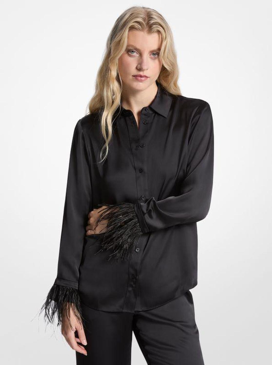Feather Trim Satin Pajama Shirt