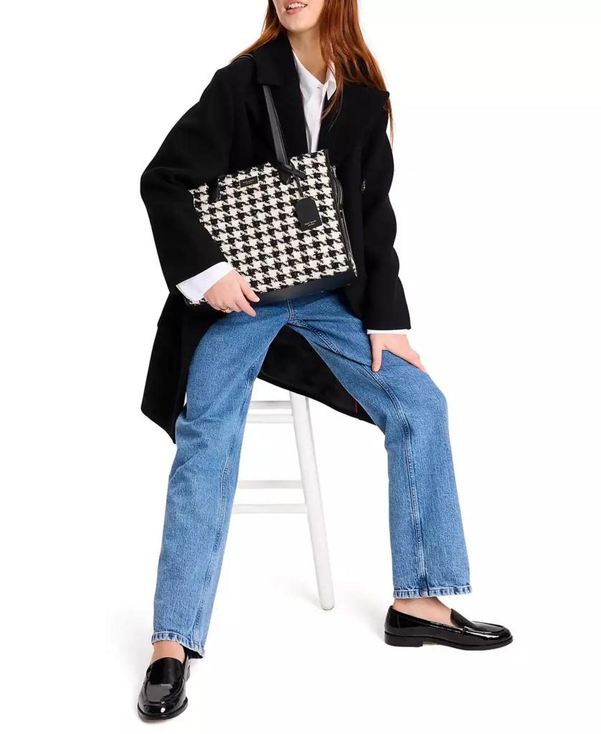 Women's Manhattan Houndstooth Tweed Large Market Tote Bag