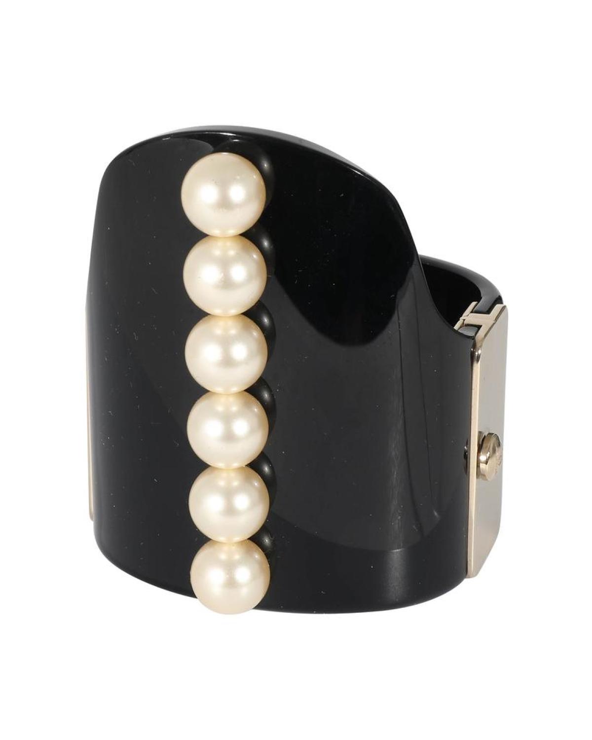 Chanel 2015 Gold Tone Resin Hinged Bangle Bracelet With Faux Pearls