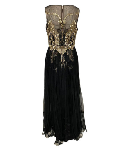 Marchesa Notte Lace Evening Gown in Black and Gold Polyester