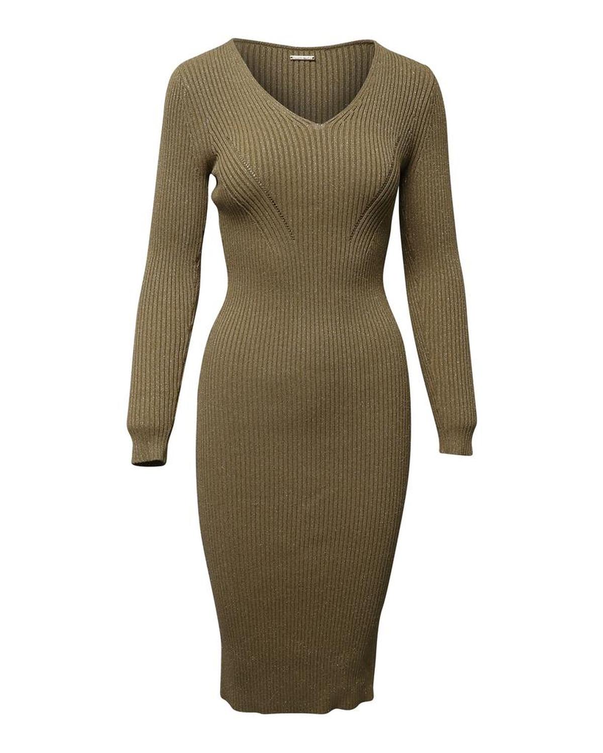 Fitted Ribbed Knit Midi Dress in Metallic Gold Viscose