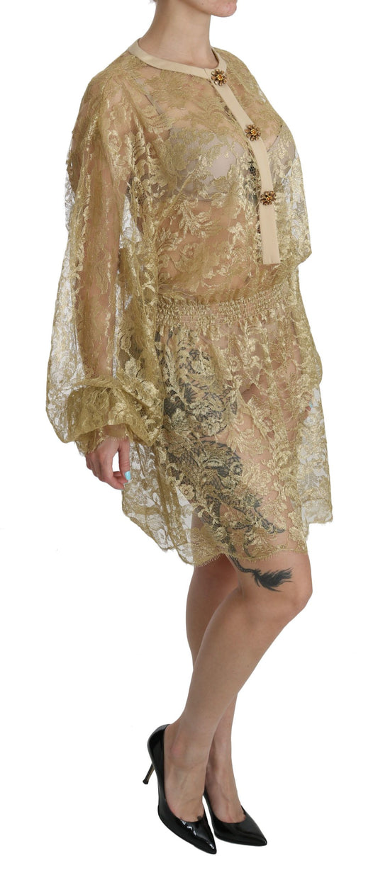 Dolce & Gabbana Elegant Gold Lace A-Line Knee Length Dress