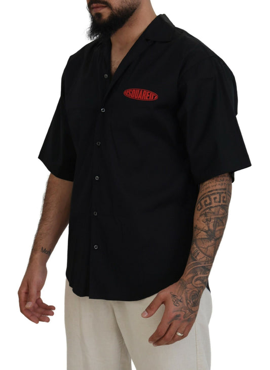 Dsquared² Black Cotton Collared Logo Print Short Sleeve Shirt