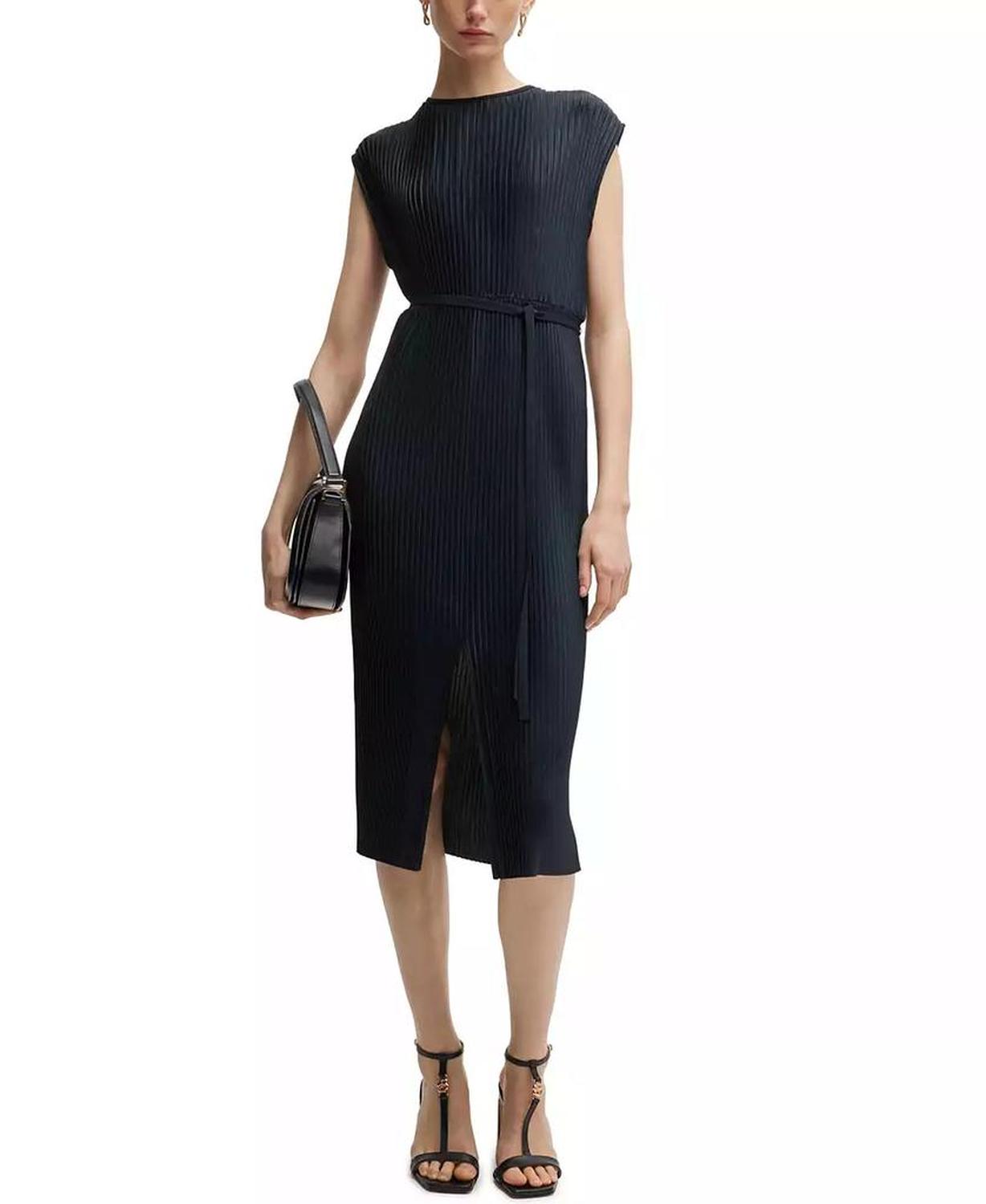 Women's High-Shine Plissé Belted Sleeveless Dress