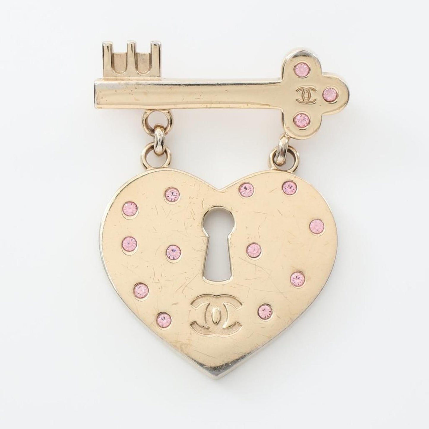 Coco Mark Brooch Gp Rhinestone Gold Heart Key Motif 02P