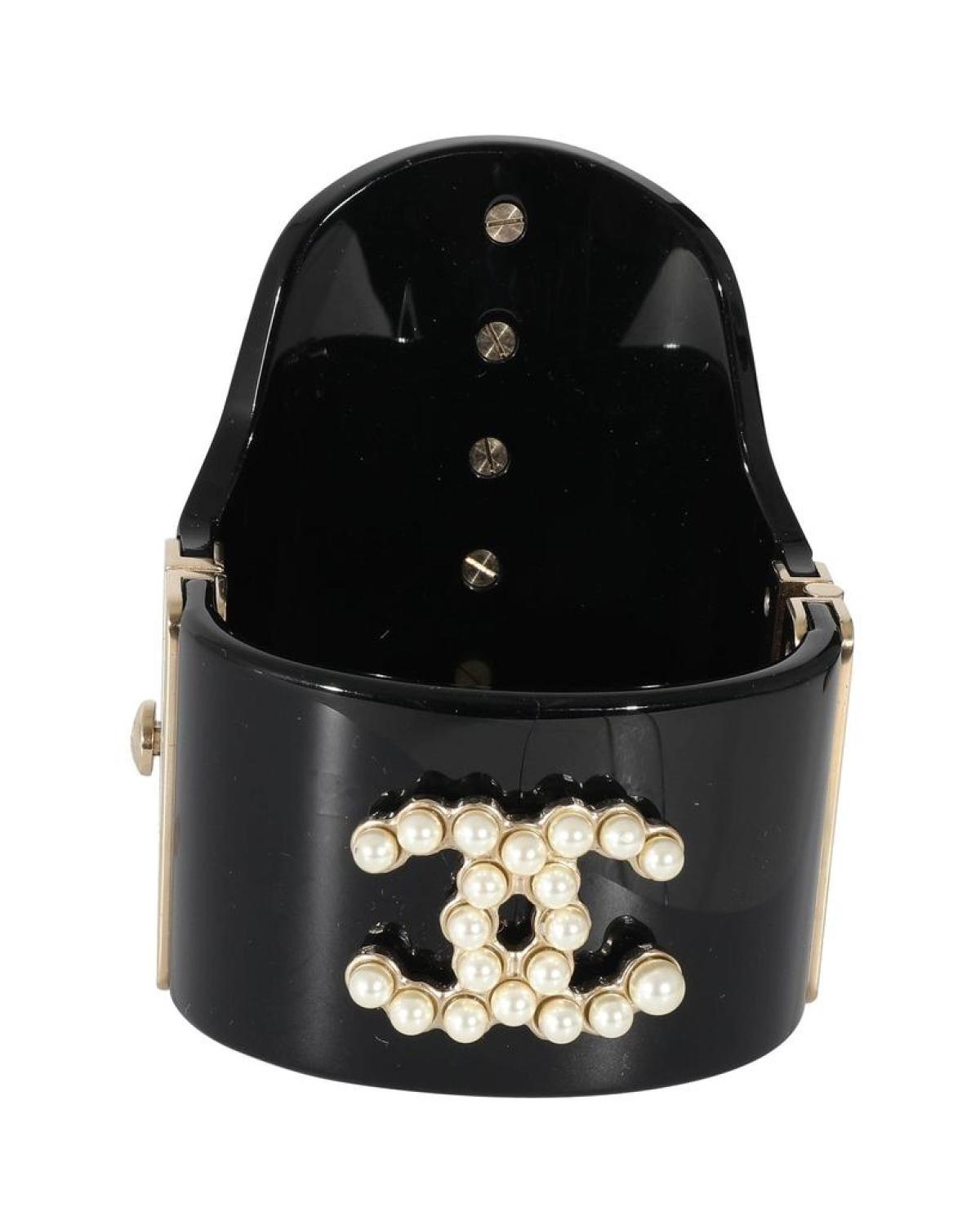 Chanel 2015 Gold Tone Resin Hinged Bangle Bracelet With Faux Pearls