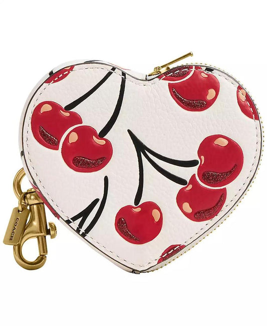 Boxed Cherry Print Leather Heart Coin Purse