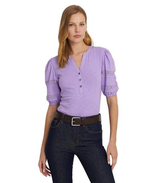 Lace-Trim Jersey Puff-Sleeve Henley Tee