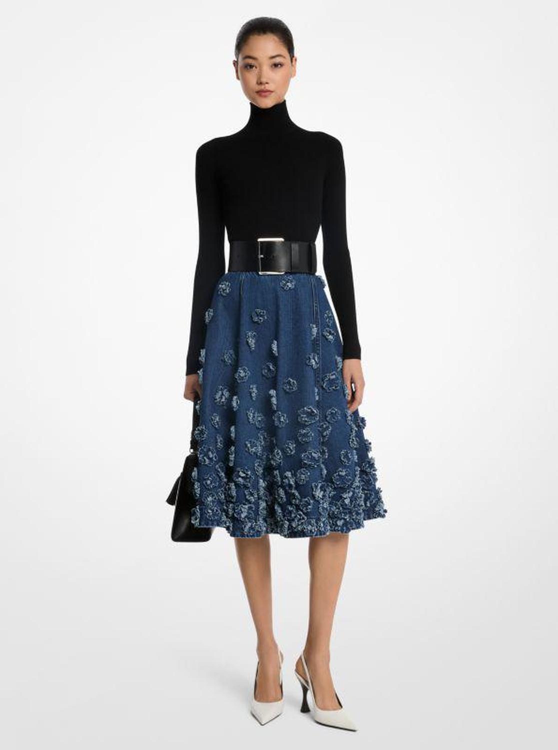 Hand-Embroidered Floral Denim Circle Skirt