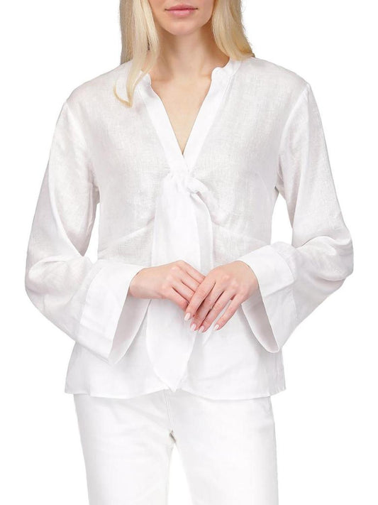 Womens V-Neck Bow Button-Down Blouse