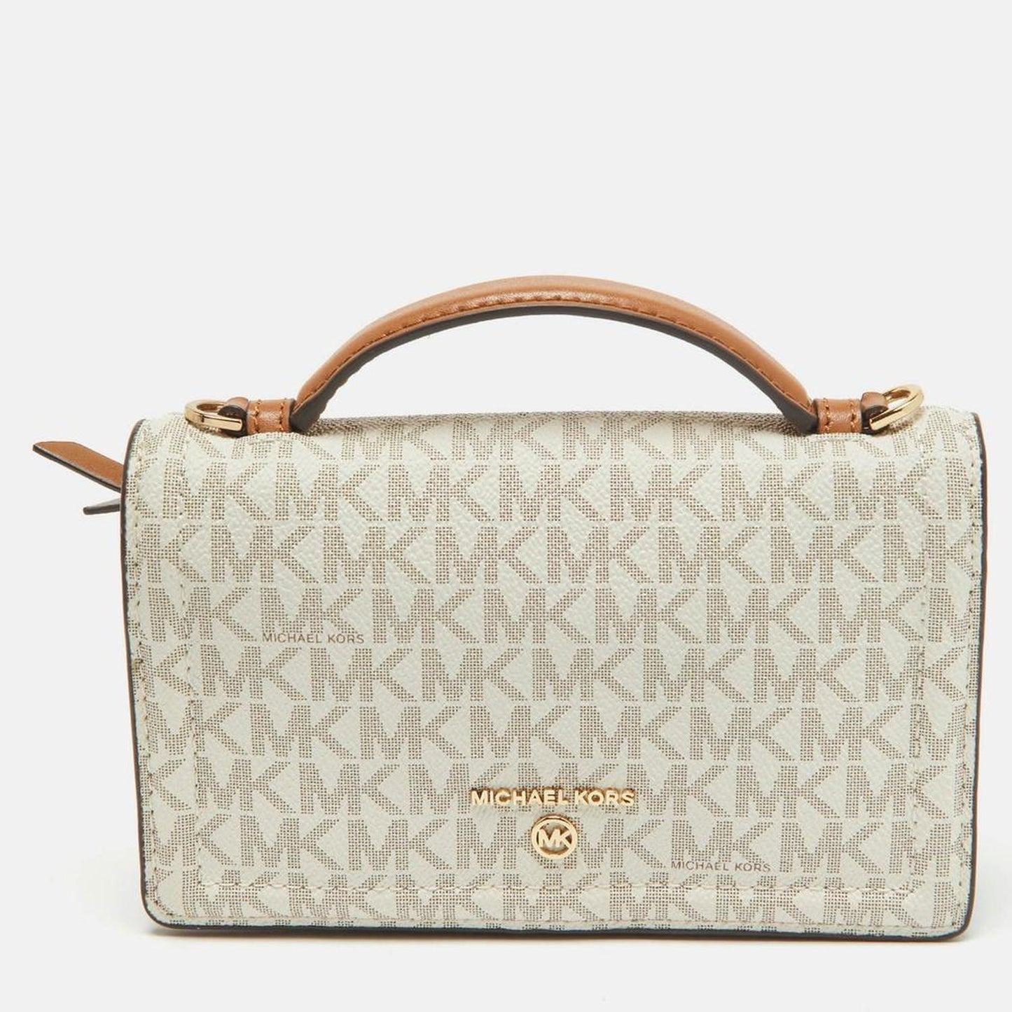 Michael Kors Brown /white Signature Coated Canvas And Leather Phone Wallet Bag