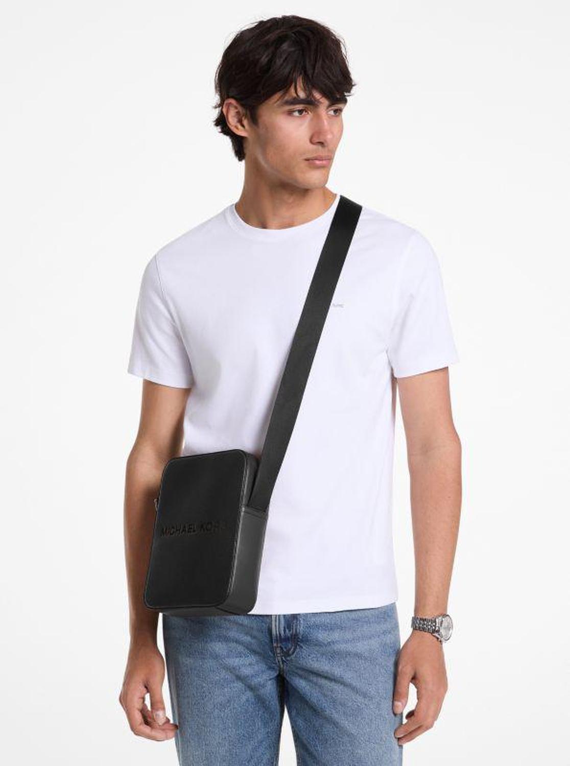 Cooper Logo Embossed Pebbled Leather Messenger Bag