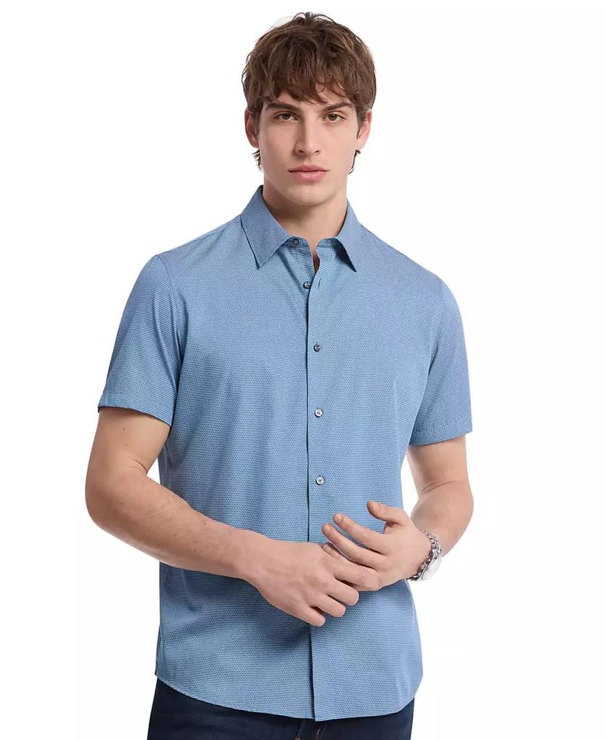 Men's Short Sleeve Mini Bowtie Print Button-Front Shirt