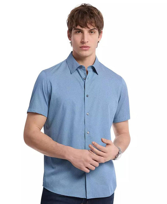 Men's Short Sleeve Mini Bowtie Print Button-Front Shirt