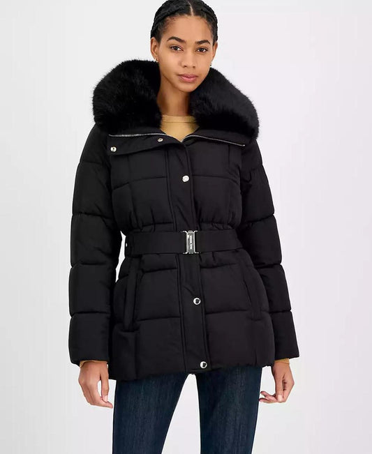 Women's Belted Hooded Faux-Fur-Collar Puffer Coat, Exclusively at Macy's