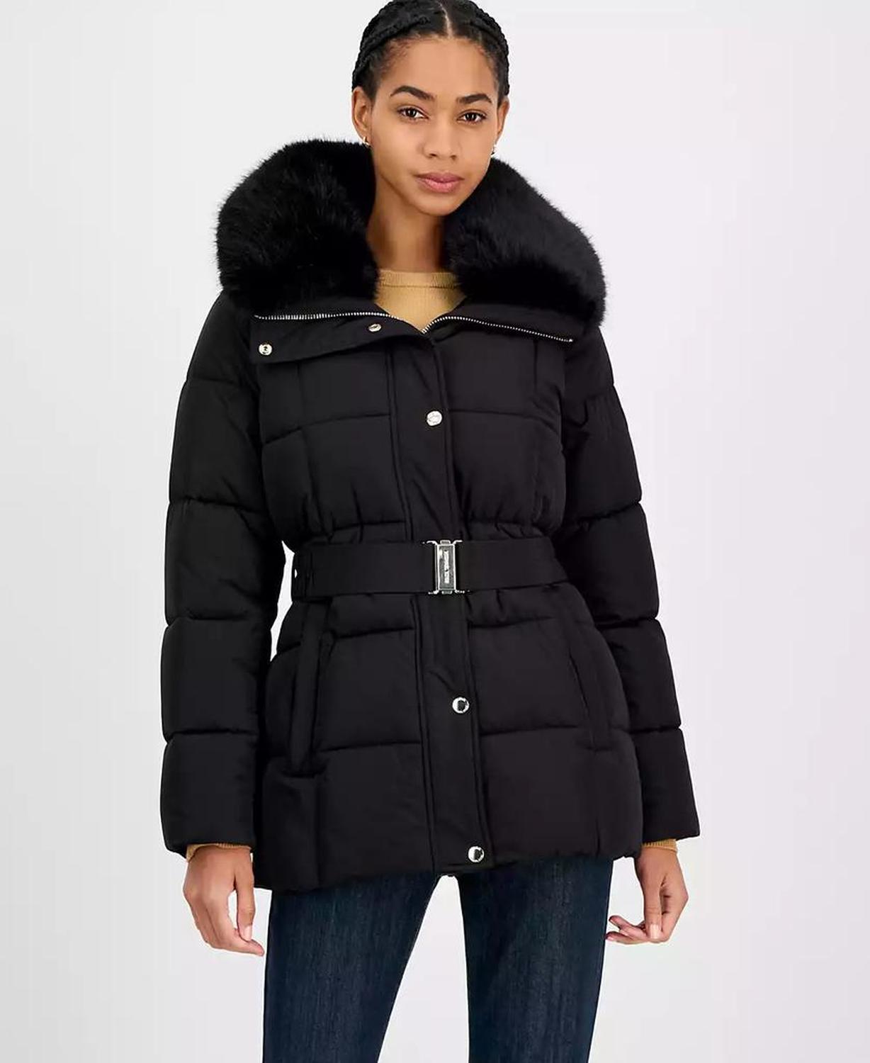 Women's Belted Hooded Faux-Fur-Collar Puffer Coat, Exclusively at Macy's