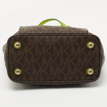 Michael Kors Brown/green Signature Coated Canvas And Leather Medium Snap Pocket Tote